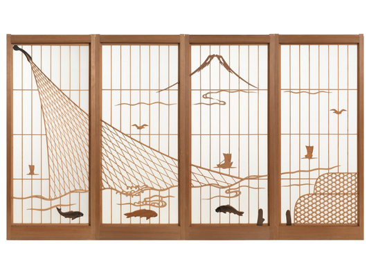 Japanese Stained-Glass Fusuma Painting: Bountiful Sea beneath Mount Fuji