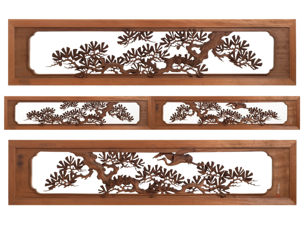 Pine & Crane: Antique Paired Ranma Transoms (長寿松鶴図)